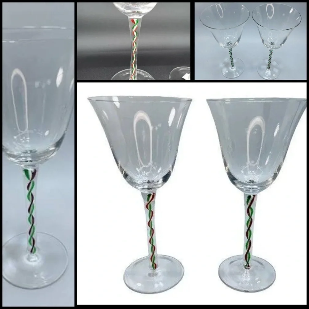 Pier 1 Glass Goblets Ribbon Candy RED WHITE GREEN Swirl Stems Set of 2 9